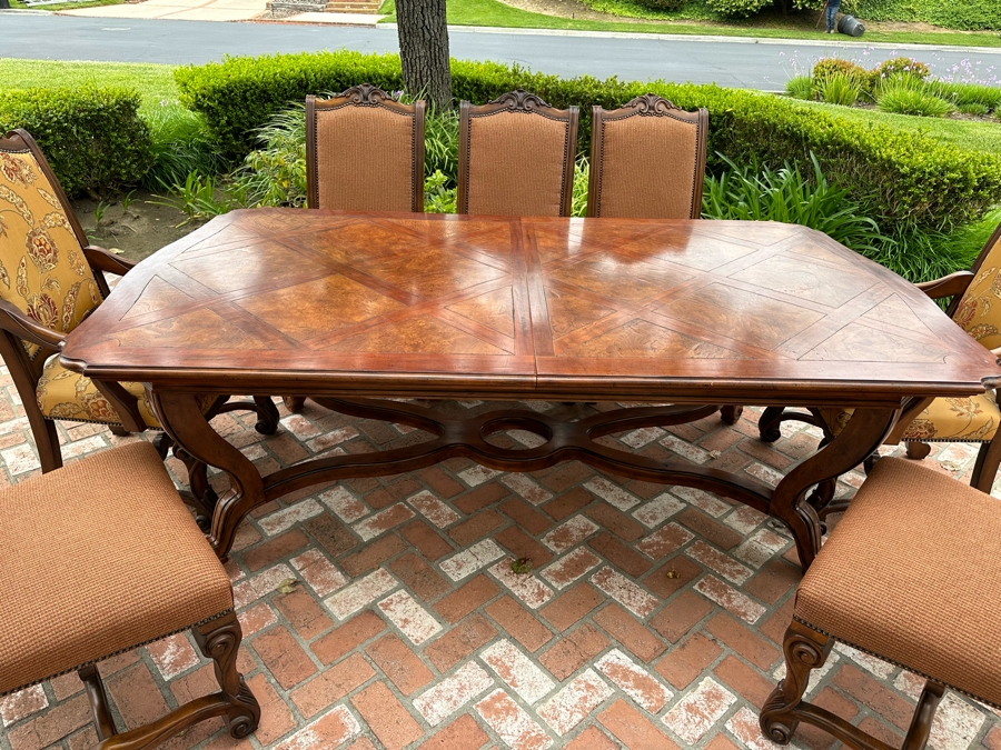 Impressive Henredon Furniture Burl Walnut Marquetry Top Formal Dining Table 92'W X 52'D X 30.5'H With One Leaf 22'W And Six Henredon Dining Chairs And Two Henredon Armchairs (8 Chairs Total) Estimate $10,000+