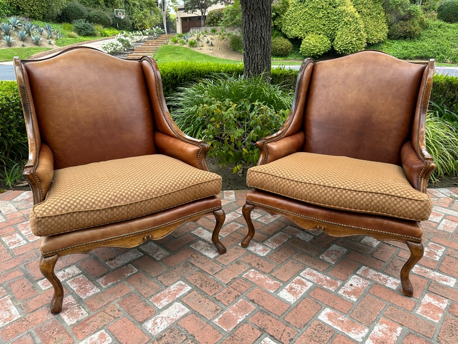 Pair Of Leather Wingback Armchairs With Brass Nailheads 35'W X 44'D X 44'H [Photo 4]