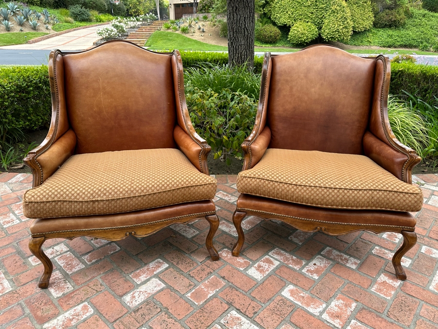 Pair Of Leather Wingback Armchairs With Brass Nailheads 35'W X 44'D X 44'H [Photo 2]