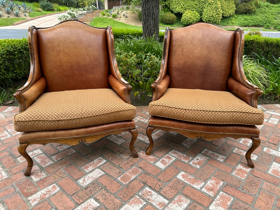 Pair Of Leather Wingback Armchairs With Brass Nailheads 35'W X 44'D X 44'H [Photo 3]