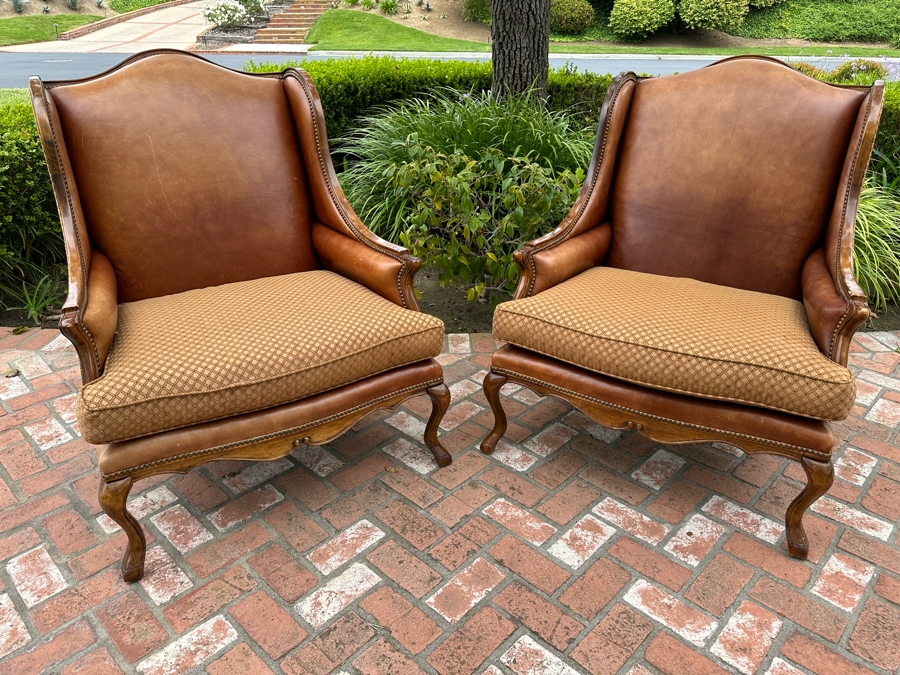 Pair Of Leather Wingback Armchairs With Brass Nailheads 35'W X 44'D X 44'H [Photo 5]