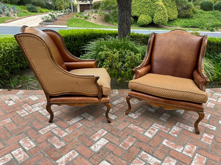 Pair Of Leather Wingback Armchairs With Brass Nailheads 35'W X 44'D X 44'H [Photo 6]
