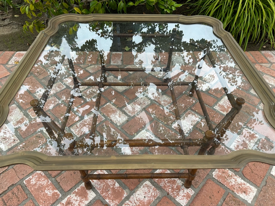 Vintage Baker Furniture Hollywood Regency Cocktail Coffee Table With Scalloped Brass Framed Glass Top And Wooden Faux Bamboo Base 40.5'W X 17.5'H Estimate $3,000 [Photo 7]