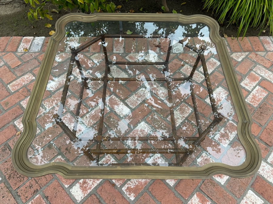 Vintage Baker Furniture Hollywood Regency Cocktail Coffee Table With Scalloped Brass Framed Glass Top And Wooden Faux Bamboo Base 40.5'W X 17.5'H Estimate $3,000 [Photo 6]