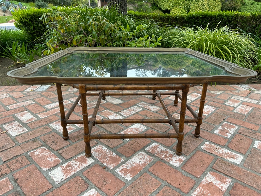 Vintage Baker Furniture Hollywood Regency Cocktail Coffee Table With Scalloped Brass Framed Glass Top And Wooden Faux Bamboo Base 40.5'W X 17.5'H Estimate $3,000