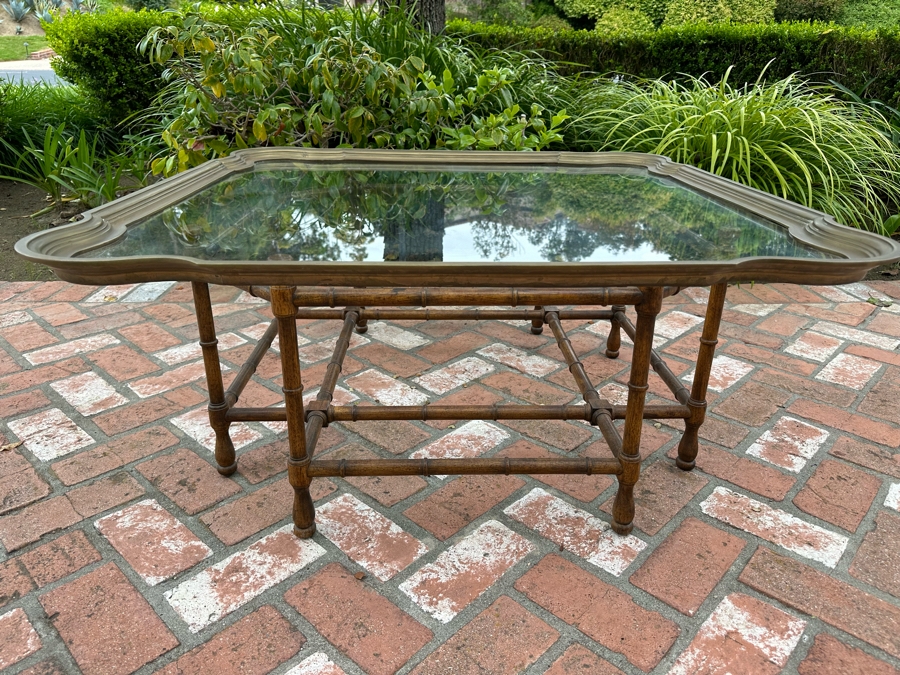 Vintage Baker Furniture Hollywood Regency Cocktail Coffee Table With Scalloped Brass Framed Glass Top And Wooden Faux Bamboo Base 40.5'W X 17.5'H Estimate $3,000 [Photo 5]