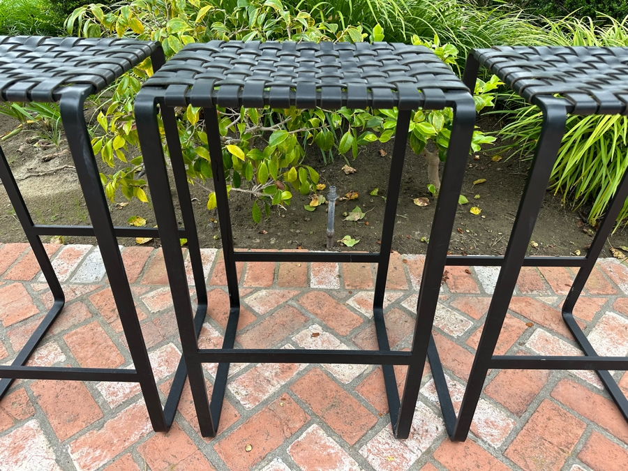 Contemporary Black Bent Metal And Woven Leather Seat Barstools 17'W X 14'D X 28'H [Photo 5]