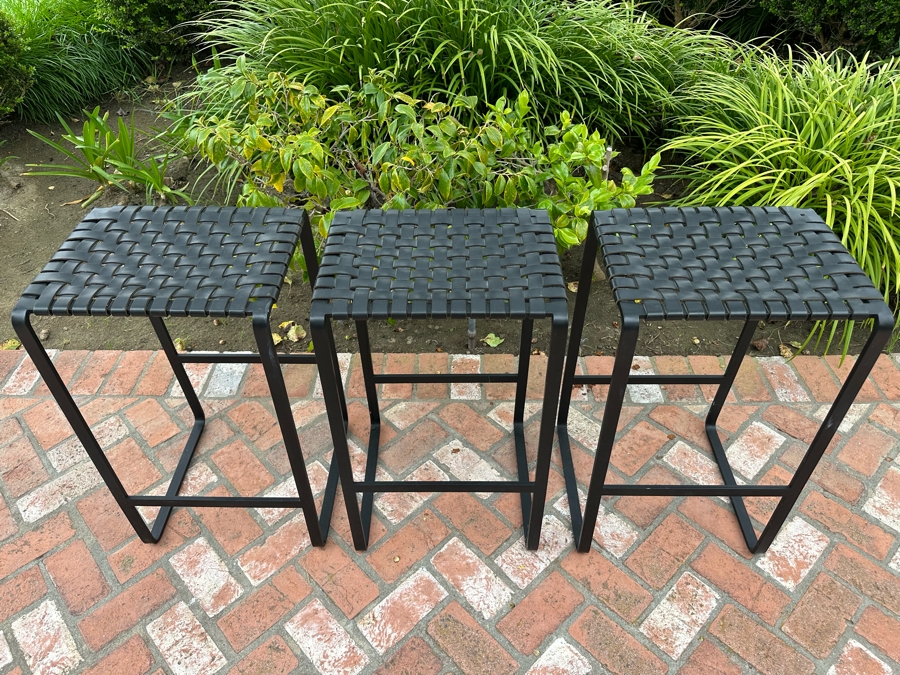 Contemporary Black Bent Metal And Woven Leather Seat Barstools 17'W X 14'D X 28'H [Photo 3]