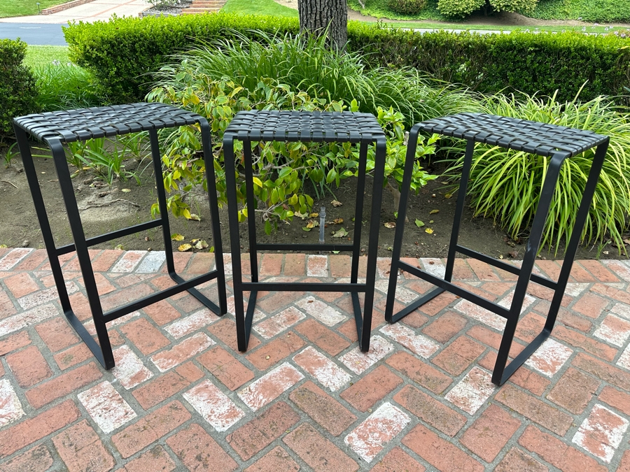 Contemporary Black Bent Metal And Woven Leather Seat Barstools 17'W X 14'D X 28'H [Photo 7]