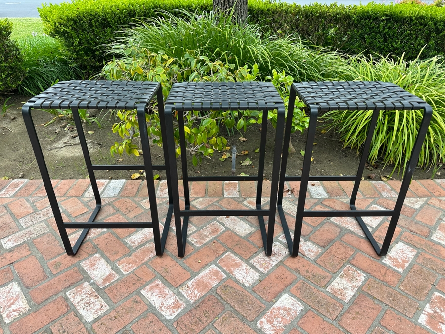 Contemporary Black Bent Metal And Woven Leather Seat Barstools 17'W X 14'D X 28'H [Photo 1]