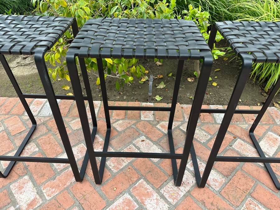 Contemporary Black Bent Metal And Woven Leather Seat Barstools 17'W X 14'D X 28'H [Photo 4]