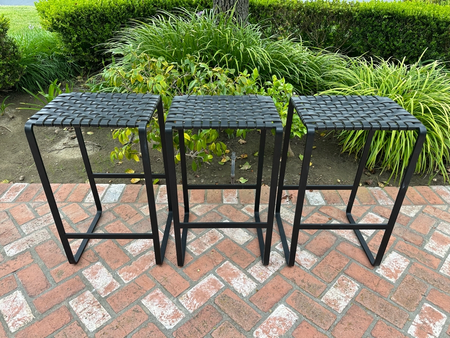 Contemporary Black Bent Metal And Woven Leather Seat Barstools 17'W X 14'D X 28'H [Photo 2]