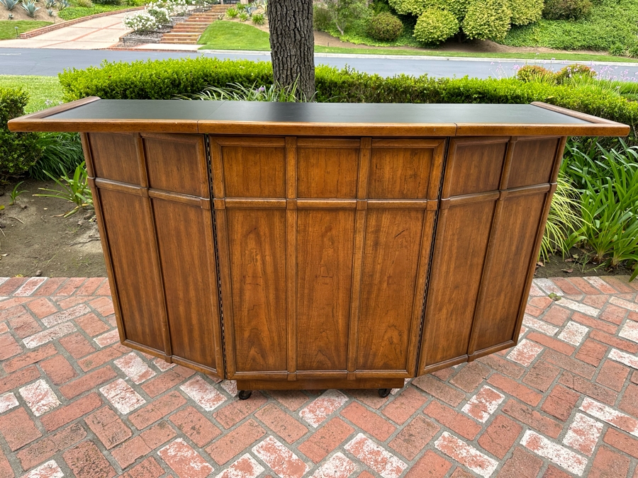 Vintage Drexel Heritage Wooden Portable Bar With Casters (Note Handle On Back Drawer & Key To Open Cabinet Is Missing) 67'W X 21'D X 41'H [Photo 3]