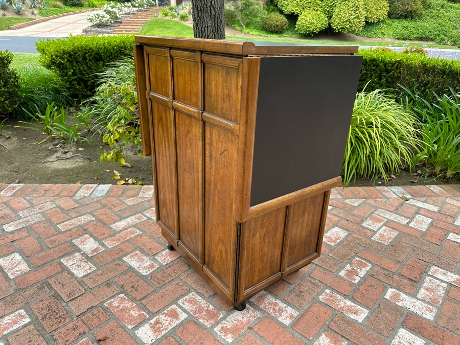 Vintage Drexel Heritage Wooden Portable Bar With Casters (Note Handle On Back Drawer & Key To Open Cabinet Is Missing) 67'W X 21'D X 41'H [Photo 5]