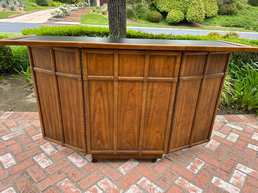 Vintage Drexel Heritage Wooden Portable Bar With Casters (Note Handle On Back Drawer & Key To Open Cabinet Is Missing) 67'W X 21'D X 41'H [Photo 1]