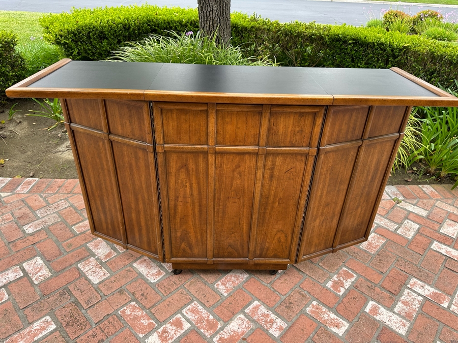 Vintage Drexel Heritage Wooden Portable Bar With Casters (Note Handle On Back Drawer & Key To Open Cabinet Is Missing) 67'W X 21'D X 41'H [Photo 4]