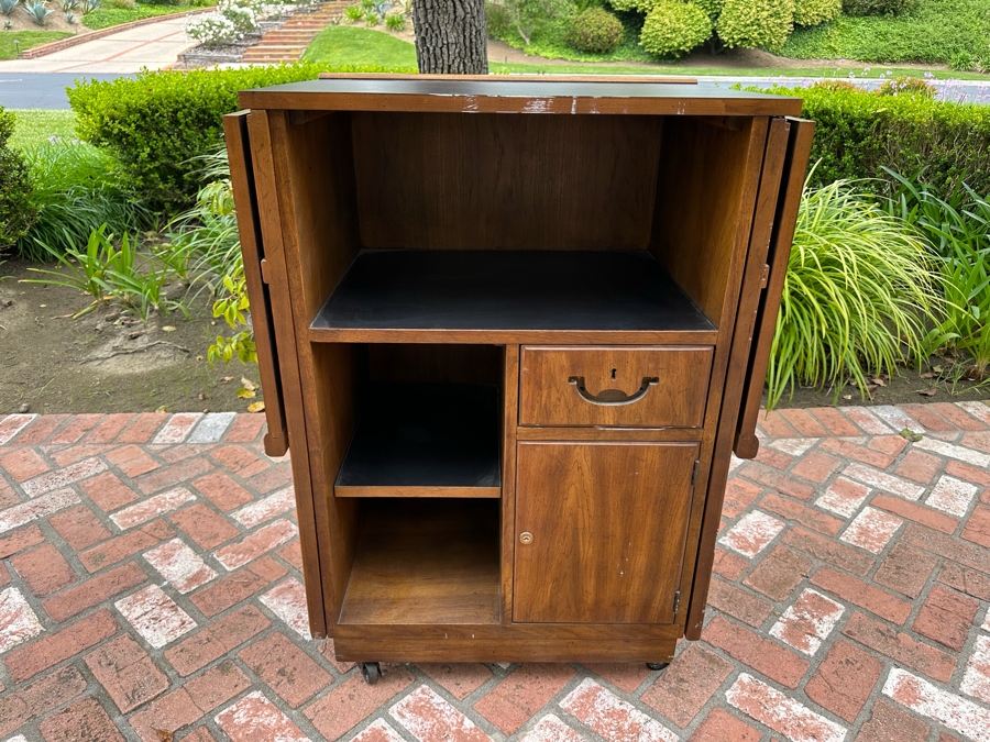 Vintage Drexel Heritage Wooden Portable Bar With Casters (Note Handle On Back Drawer & Key To Open Cabinet Is Missing) 67'W X 21'D X 41'H [Photo 2]