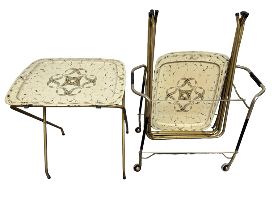 Three Mid-Century Modern Metal TV Trays With Stand Carrier