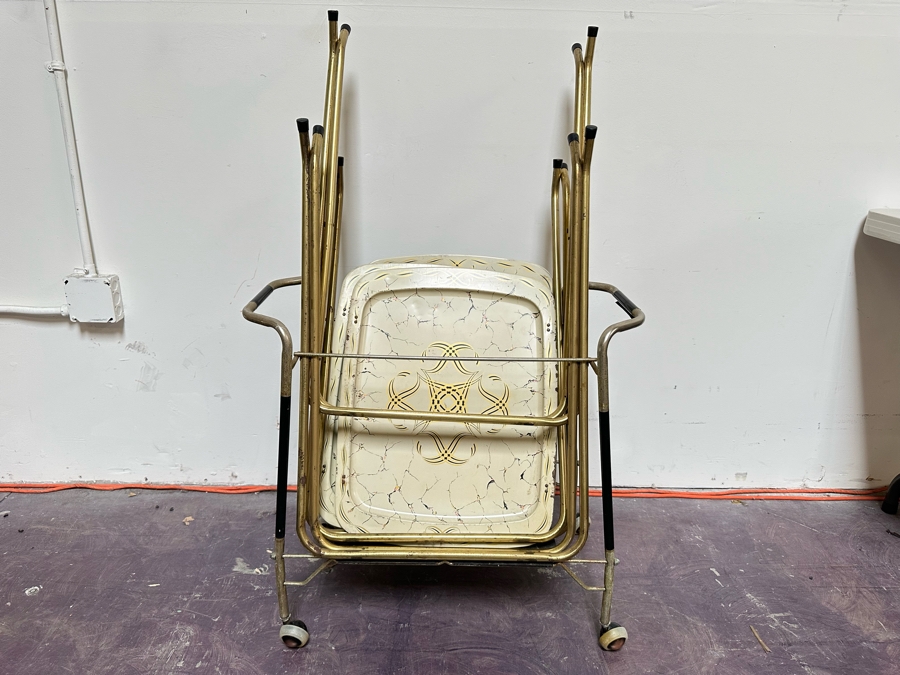 Three Mid-Century Modern Metal TV Trays With Stand Carrier [Photo 2]