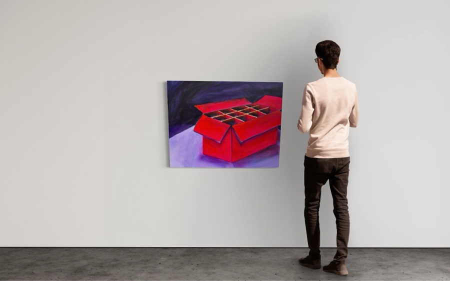 Gerrit Greve (1948-2024, Cardiff by the Sea, CA) Original Modernist Red Box On Violet Acrylic Painting On Canvas 2022 Signed Verso 40' X 30' Estimate $1,000-$2,000 [Photo 2]
