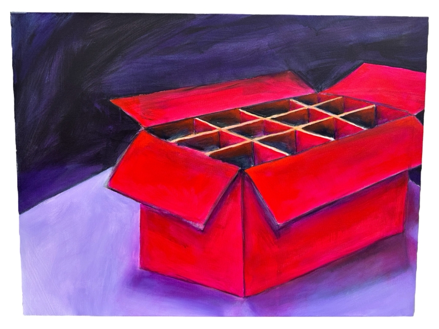 Gerrit Greve (1948-2024, Cardiff by the Sea, CA) Original Modernist Red Box On Violet Acrylic Painting On Canvas 2022 Signed Verso 40' X 30' Estimate $1,000-$2,000