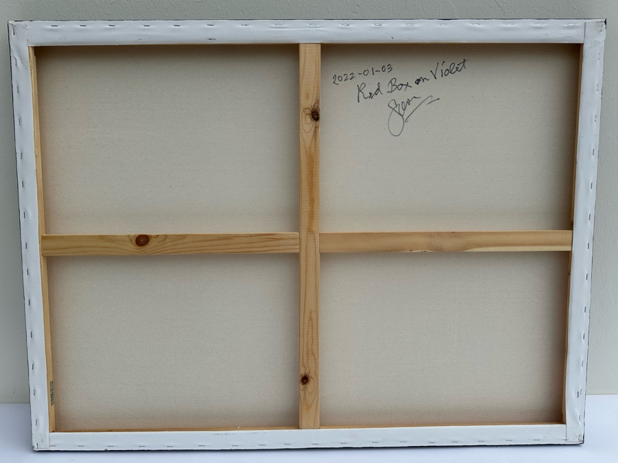 Gerrit Greve (1948-2024, Cardiff by the Sea, CA) Original Modernist Red Box On Violet Acrylic Painting On Canvas 2022 Signed Verso 40' X 30' Estimate $1,000-$2,000 [Photo 7]