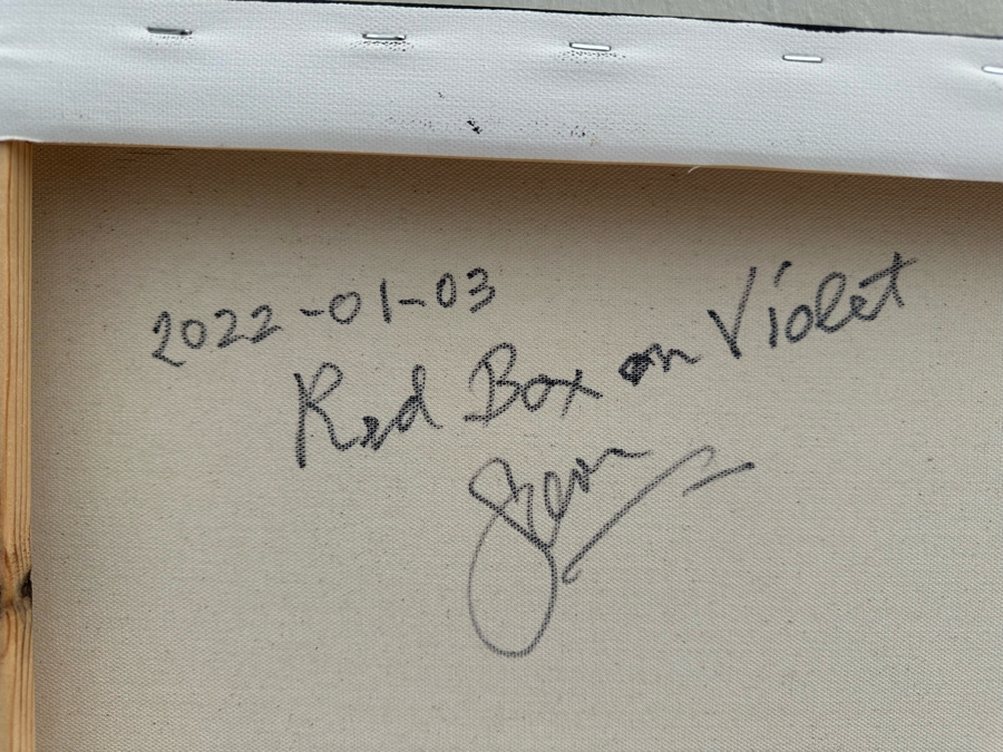 Gerrit Greve (1948-2024, Cardiff by the Sea, CA) Original Modernist Red Box On Violet Acrylic Painting On Canvas 2022 Signed Verso 40' X 30' Estimate $1,000-$2,000 [Photo 8]