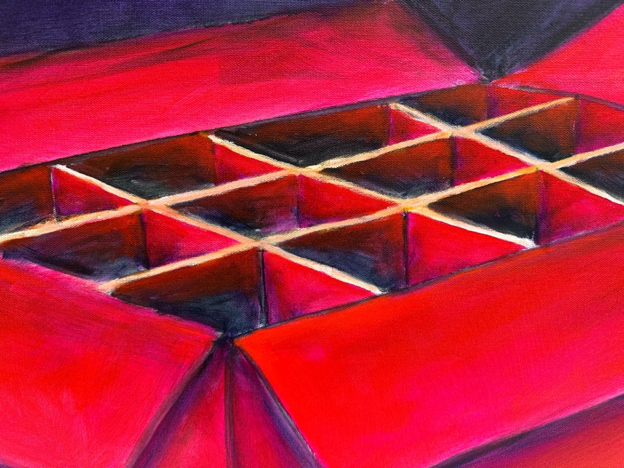 Gerrit Greve (1948-2024, Cardiff by the Sea, CA) Original Modernist Red Box On Violet Acrylic Painting On Canvas 2022 Signed Verso 40' X 30' Estimate $1,000-$2,000 [Photo 3]