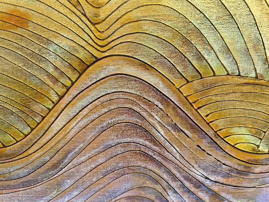 Gerrit Greve (1948-2024, Cardiff by the Sea, CA) Original Abstract Gold Textured Waves Dreaming & Journey Acrylic Painting On Canvas Signed Verso 36' X 36' Estimate $1,000-$2,000 [Photo 4]