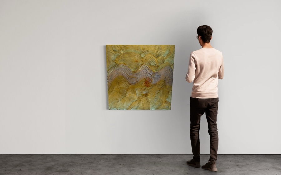 Gerrit Greve (1948-2024, Cardiff by the Sea, CA) Original Abstract Gold Textured Waves Dreaming & Journey Acrylic Painting On Canvas Signed Verso 36' X 36' Estimate $1,000-$2,000 [Photo 2]