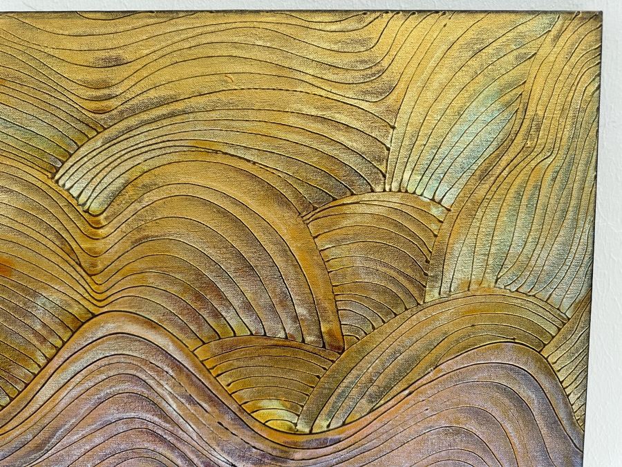 Gerrit Greve (1948-2024, Cardiff by the Sea, CA) Original Abstract Gold Textured Waves Dreaming & Journey Acrylic Painting On Canvas Signed Verso 36' X 36' Estimate $1,000-$2,000 [Photo 3]