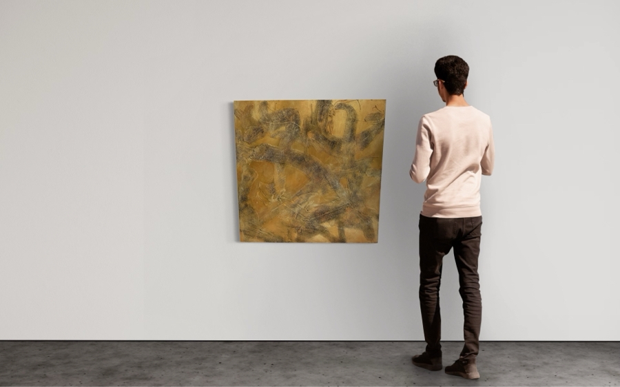 Gerrit Greve (1948-2024, Cardiff by the Sea, CA) Original Abstract Mixed Media Gold & Black Textured Sand Acrylic Painting On Canvas Titled 'Comparative Literature' 1999 Signed Verso 36' X 36' Estimate $1,000-$2,000 [Photo 2]