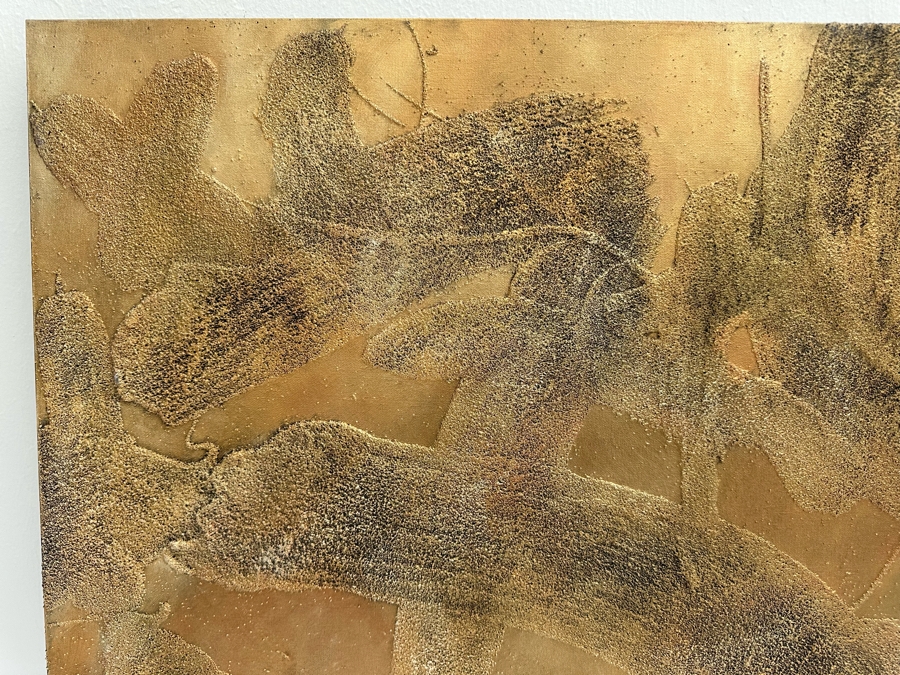 Gerrit Greve (1948-2024, Cardiff by the Sea, CA) Original Abstract Mixed Media Gold & Black Textured Sand Acrylic Painting On Canvas Titled 'Comparative Literature' 1999 Signed Verso 36' X 36' Estimate $1,000-$2,000 [Photo 3]