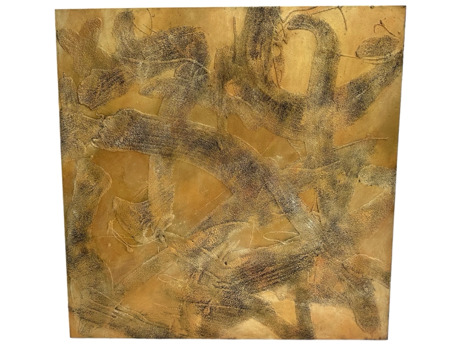 Gerrit Greve (1948-2024, Cardiff by the Sea, CA) Original Abstract Mixed Media Gold & Black Textured Sand Acrylic Painting On Canvas Titled 'Comparative Literature' 1999 Signed Verso 36' X 36' Estimate $1,000-$2,000
