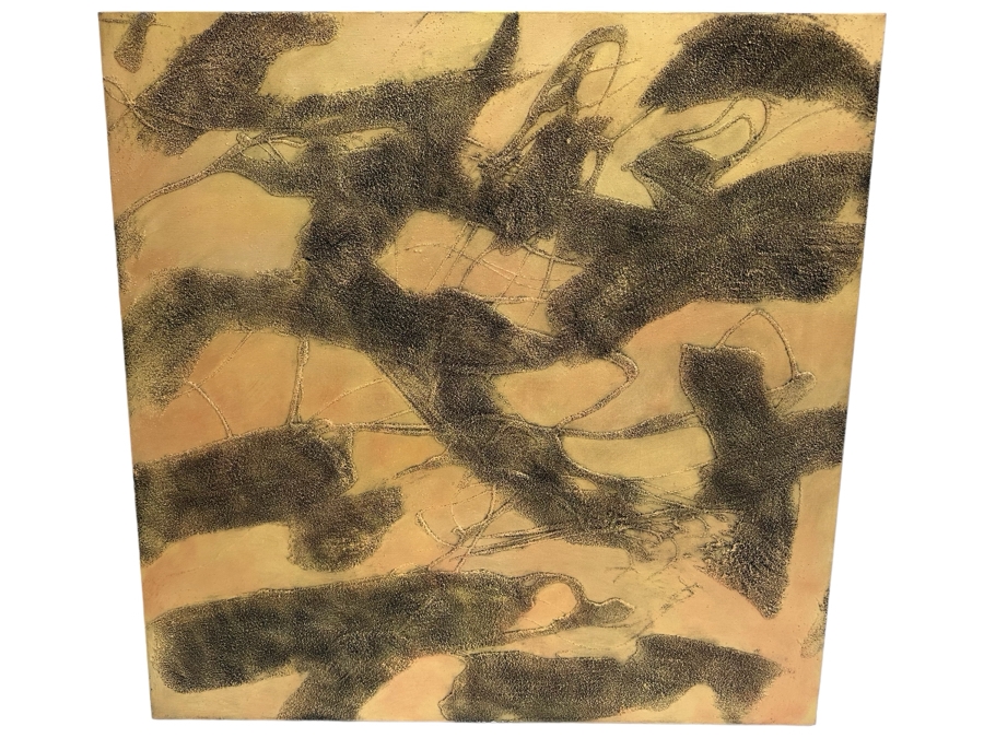 Gerrit Greve (1948-2024, Cardiff by the Sea, CA) Original Abstract Mixed Media Gold & Black Textured Sand Acrylic Painting On Canvas Titled 'Comparative Literature #2' 1999 Signed Verso 36' X 36' Estimate $1,000-$2,000