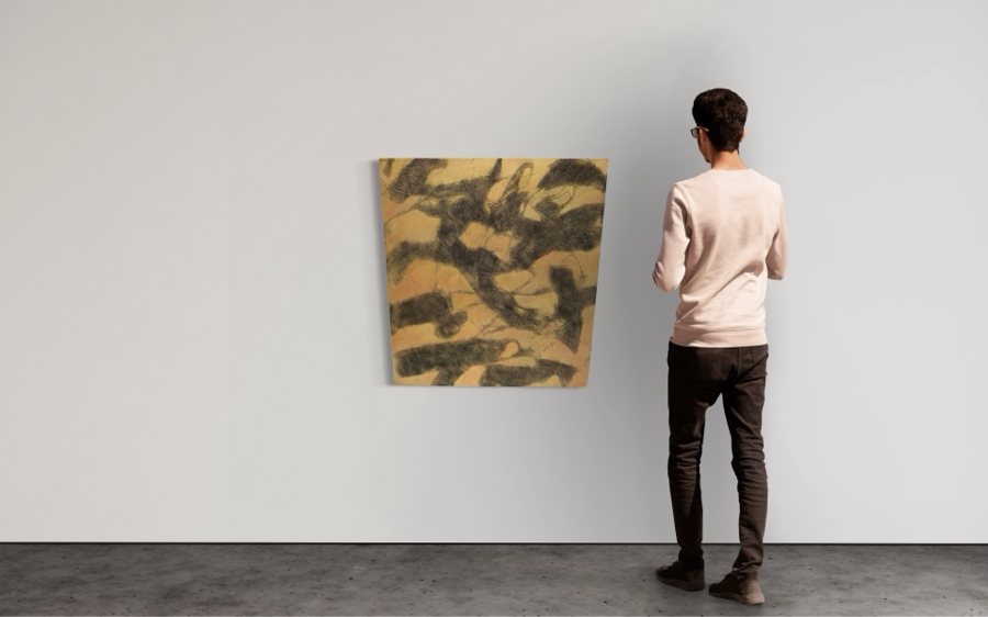 Gerrit Greve (1948-2024, Cardiff by the Sea, CA) Original Abstract Mixed Media Gold & Black Textured Sand Acrylic Painting On Canvas Titled 'Comparative Literature #2' 1999 Signed Verso 36' X 36' Estimate $1,000-$2,000 [Photo 2]