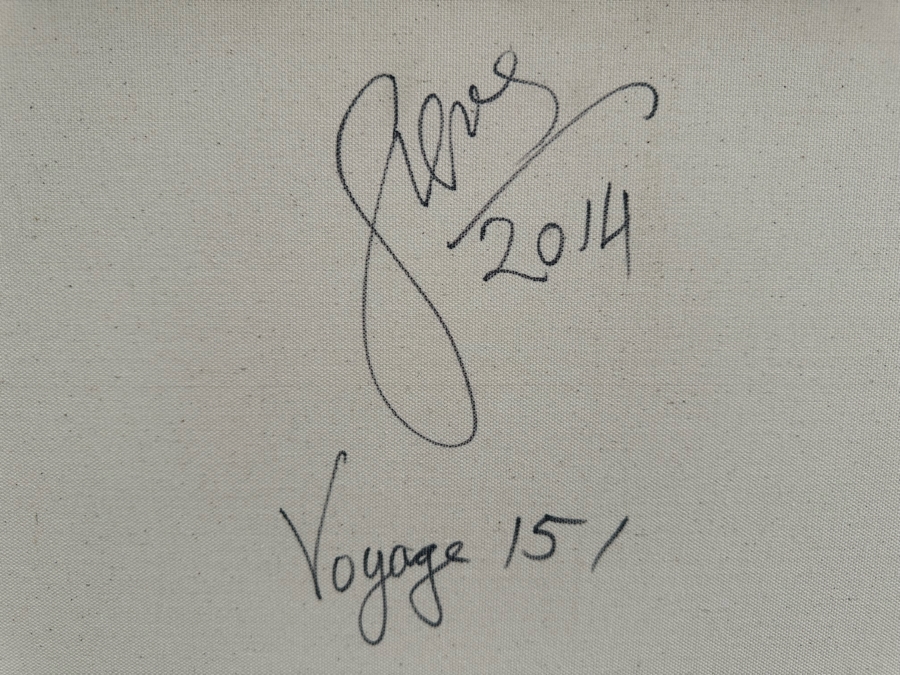 Gerrit Greve (1948-2024, Cardiff by the Sea, CA) Original Abstract Spirit Boats Acrylic Painting On Canvas Titled Voyage 151 2014 Signed Verso 24' X 36' Estimate $1,000-$2,000 [Photo 9]