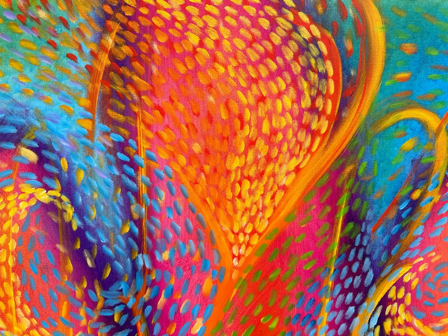 Gerrit Greve (1948-2024, Cardiff by the Sea, CA) Original Abstract Colorful Underwater Ocean Acrylic Painting On Canvas Titled 'Underwater Jubilee' 2021 Signed Verso 60' X 36' Estimate $1,000-$2,000 (Updated Size) [Photo 3]