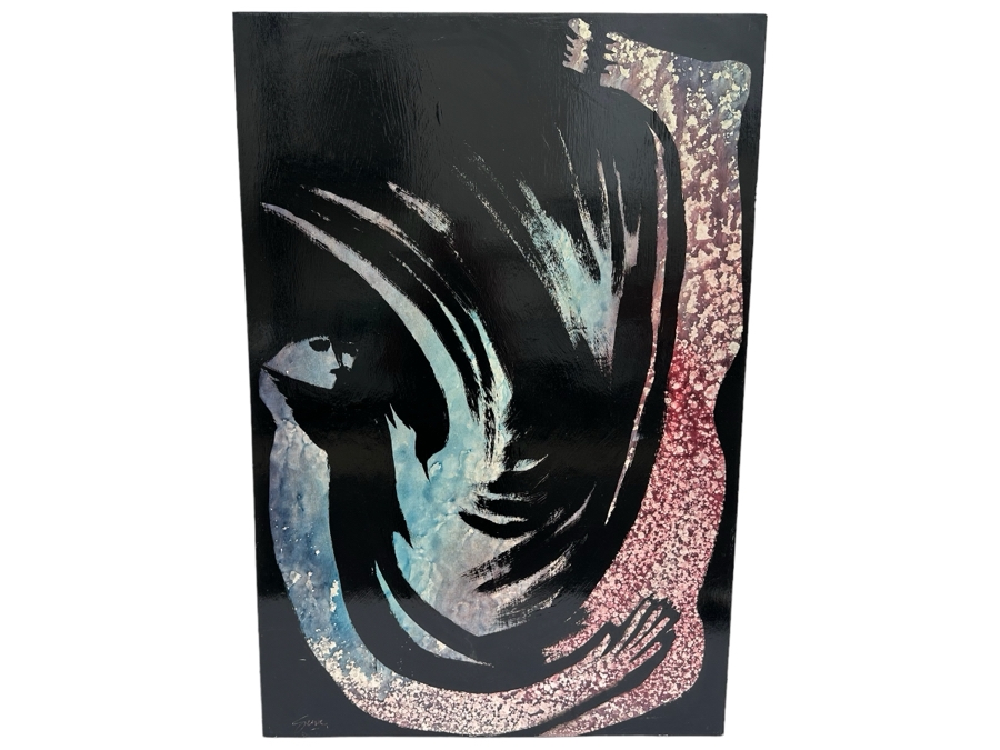 Gerrit Greve (1948-2024, Cardiff by the Sea, CA) Original Early Abstract Acrylic Painting On Door Titled 'Leda & The Swan' Signed Front 32' X 47' Estimate $1,000-$2,000