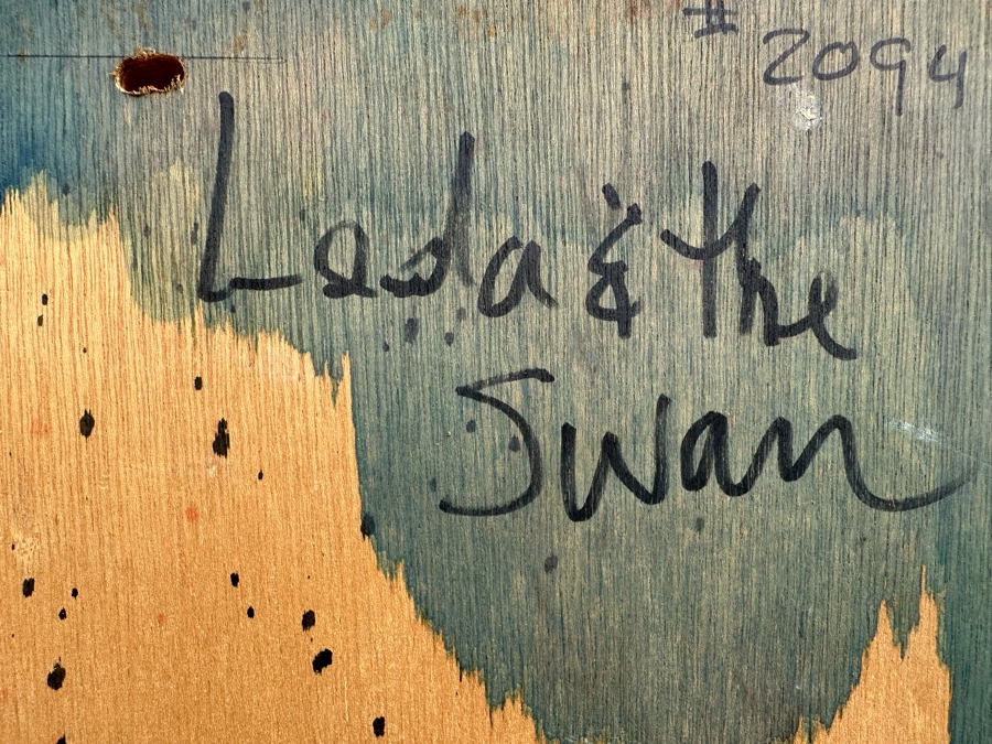 Gerrit Greve (1948-2024, Cardiff by the Sea, CA) Original Early Abstract Acrylic Painting On Door Titled 'Leda & The Swan' Signed Front 32' X 47' Estimate $1,000-$2,000 [Photo 12]