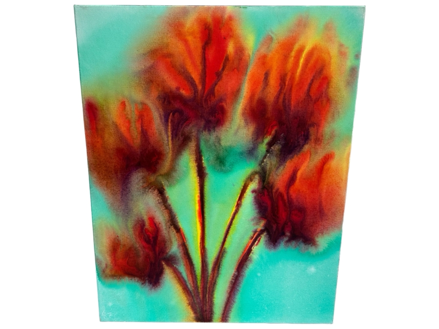 Gerrit Greve (1948-2024, Cardiff by the Sea, CA) Original Abstract Flowers Acrylic Painting On Canvas Signed Front 24' X 30' Estimate $1,000-$2,000 [Photo 1]
