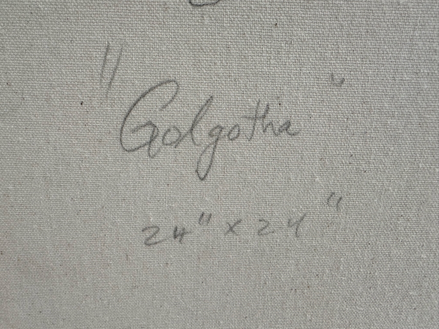 Gerrit Greve (1948-2024, Cardiff by the Sea, CA) Original Mixed Media Icon Series Acrylic Painting On Canvas Titled 'Golgotha' 2001 Signed Verso 24' X 24' Estimate $1,000-$2,000 [Photo 10]