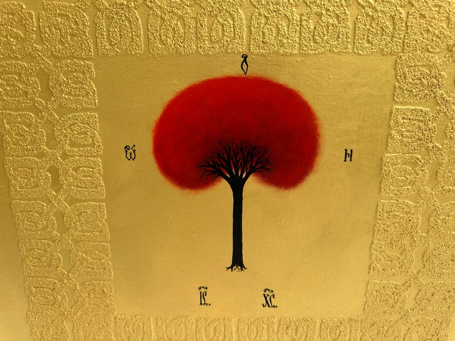 Gerrit Greve (1948-2024, Cardiff by the Sea, CA) Original Mixed Media Icon Series Acrylic Painting On Canvas Titled 'Golgotha' 2001 Signed Verso 24' X 24' Estimate $1,000-$2,000 [Photo 2]