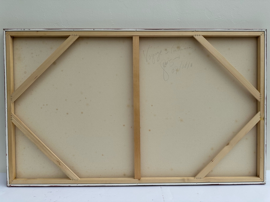 Gerrit Greve (1948-2024, Cardiff by the Sea, CA) Original Abstract Spirit Boats Acrylic Painting On Canvas Titled 'Voyage 3 (In The Rain)' 2011 Signed Verso 60' X 36' Estimate $1,000-$2,000 [Photo 8]