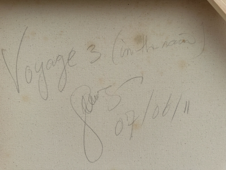 Gerrit Greve (1948-2024, Cardiff by the Sea, CA) Original Abstract Spirit Boats Acrylic Painting On Canvas Titled 'Voyage 3 (In The Rain)' 2011 Signed Verso 60' X 36' Estimate $1,000-$2,000 [Photo 9]