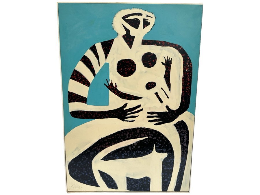 Gerrit Greve (1948-2024, Cardiff by the Sea, CA) Original Early Abstract Acrylic Painting On Board Titled 'African Mother With Child And Dog' Signed Front 28' X 40' Estimate $1,000-$2,000 [Photo 1]