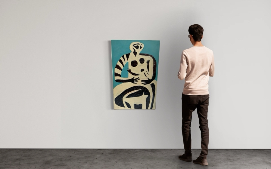 Gerrit Greve (1948-2024, Cardiff by the Sea, CA) Original Early Abstract Acrylic Painting On Board Titled 'African Mother With Child And Dog' Signed Front 28' X 40' Estimate $1,000-$2,000 [Photo 2]