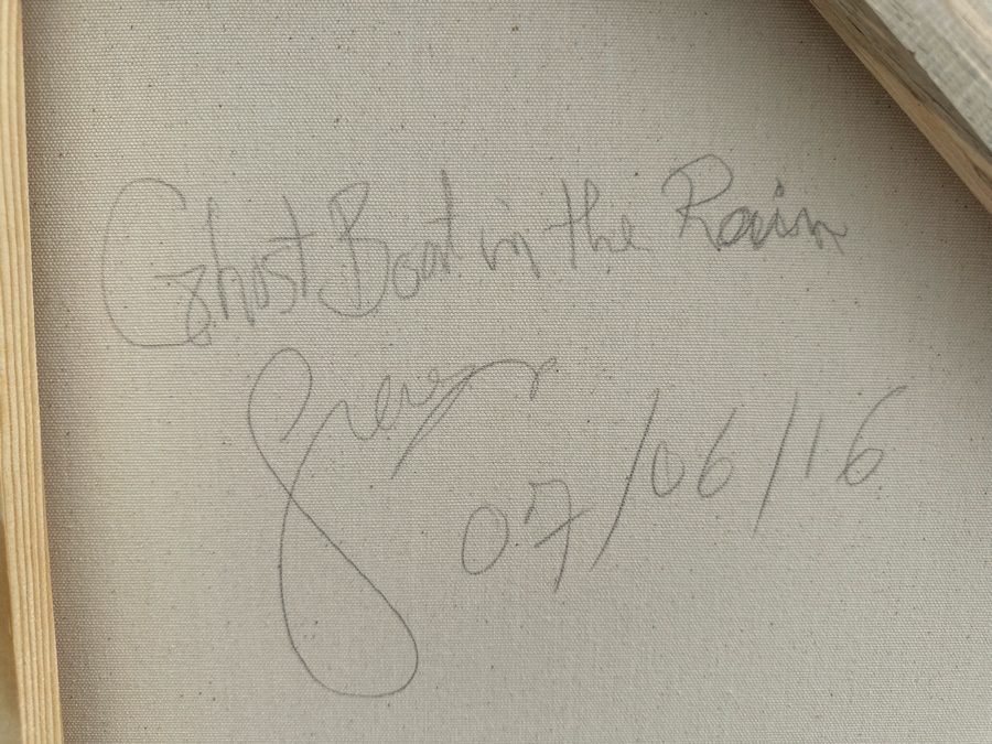 Gerrit Greve (1948-2024, Cardiff by the Sea, CA) Original Abstract Spirit Boats Acrylic Painting On Canvas Titled 'Ghost Boat In The Rain' 2016 Signed Verso 48' X 36' Estimate $1,000-$2,000 [Photo 7]