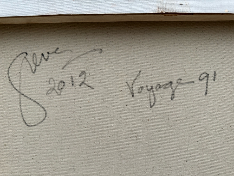 Gerrit Greve (1948-2024, Cardiff by the Sea, CA) Original Abstract Spirit Boats Acrylic Painting On Canvas Titled 'Voyage 91' 2012 Signed Verso 40' X 60' Estimate $1,500-$3,000 [Photo 11]