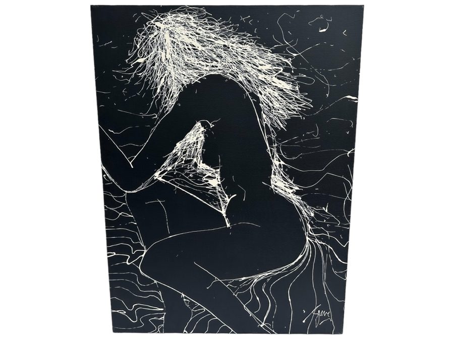 Gerrit Greve (1948-2024, Cardiff by the Sea, CA) Original Abstract B&W Nude Woman Drip Painting On Canvas Signed Front 30' X 40' Estimate $1,000-$2,000